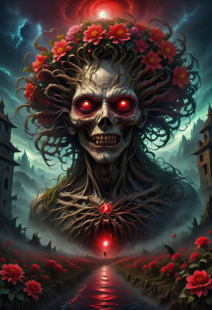 demonic tree with sinister branches, blood red moon in the background, bloods flowing from the eyes, tears of blood, glowing bloods,  skulls with glowing eyes scattered around, 
vibrant red flowers, ethereal and eerie lighting, dramatic and haunting shadows, 
horror theme, terrifying ambiance, swirling mist, 
foreboding scene, sinister mood, ethereal glow, 
detailed background, magical elements, mysterious and terrifying, lifelike depiction, horror setting, dark sky, surreal and nightmarish, demonic presence, twisted and gnarled roots, dark, chiaroscuro, 
horrifying and creepy, gothic elements, 
dark crimson and black color palette, 
hyperrealistic, intricate details, realistic textures, ultra-quality