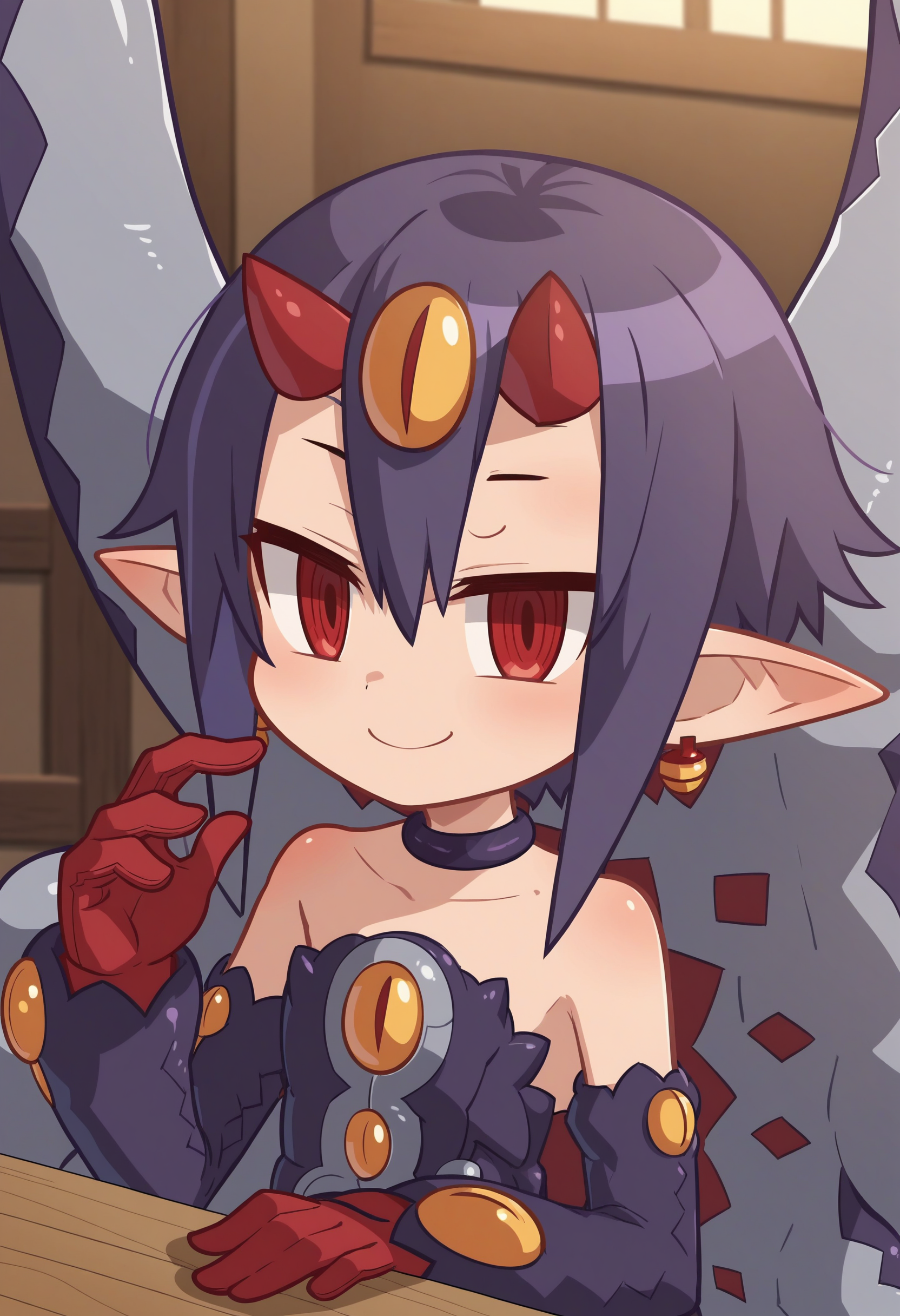 score_9, score_8_up, score_7_up, score_6_up, score_5_up, score_4_up, rating_safe, anime coloring ,BREAK source_anime, anime,screencap,
1girl, solo, desco, chibi, detached sleeves, earrings, purple dress, tentacles, jitome, purple choker, purple tail, red gloves,  <lora:PonyXL Desco V1:1>
indoors,smile, looking at viewer, pov, upper body