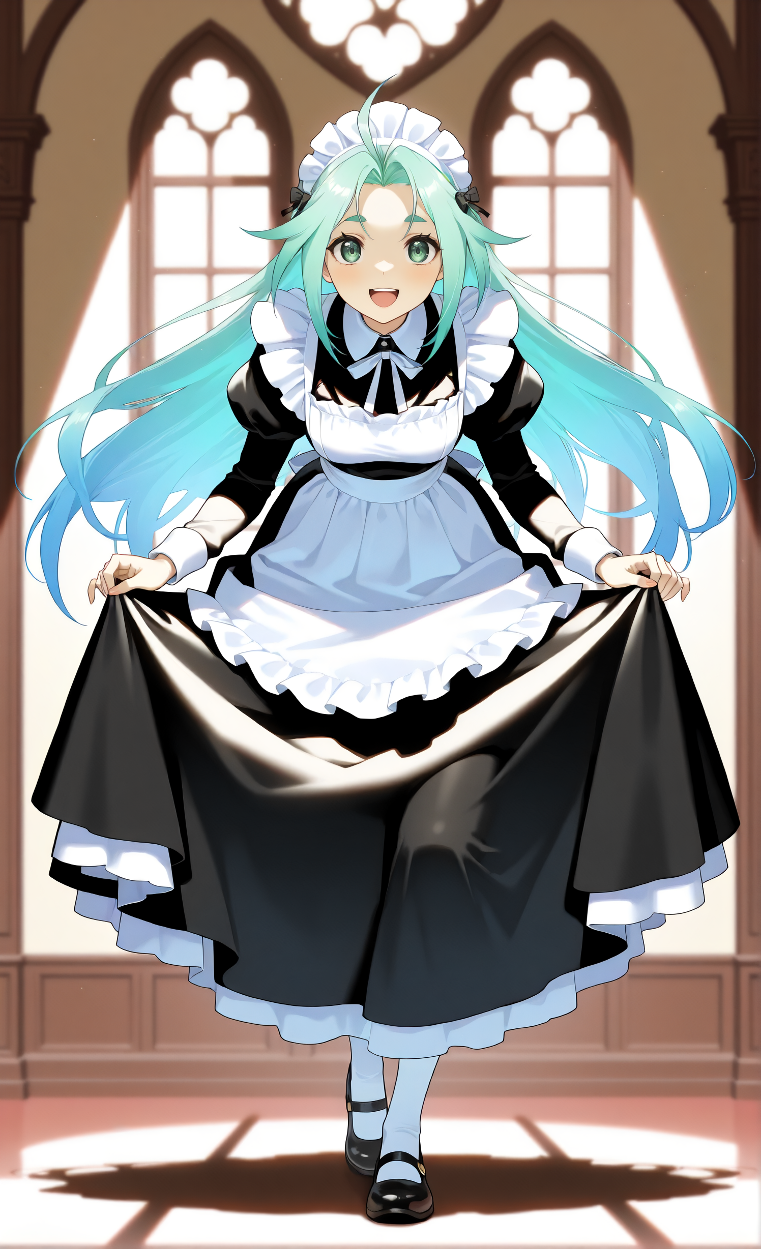 masterpiece, sharp detail, intricate detail, 1girl, <lora:To be hero X - Lucky Cyan:0.8>, lucky cyan \(to be hero x\), detailed eyes,  maid, :d, full body, mary janes, long maid skirt, standing, leaning forward, straight-on, elegant curtsey, looking at viewer, smile, graceful movement, one knee slightly bent, graceful pose, dramatic shadows, cinematic lighting, detailed background, light and shadow contrast,