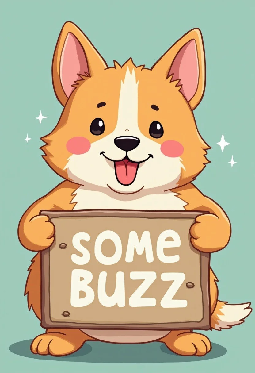 very cute dog holding a sign " some buzz  ", anime style