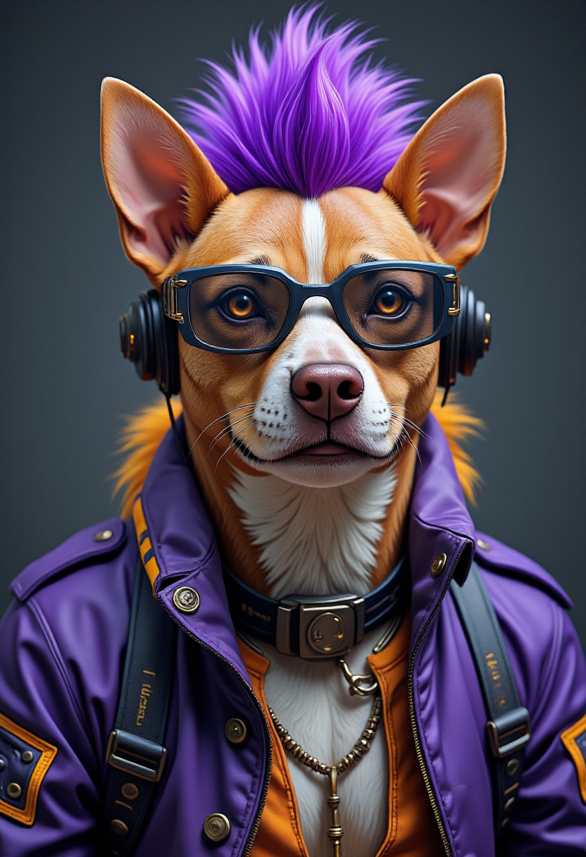 Recypu style, recypu style. a dog with a purple mohawk hairstyle on his head.
Cyperpunk glasses and jacket.