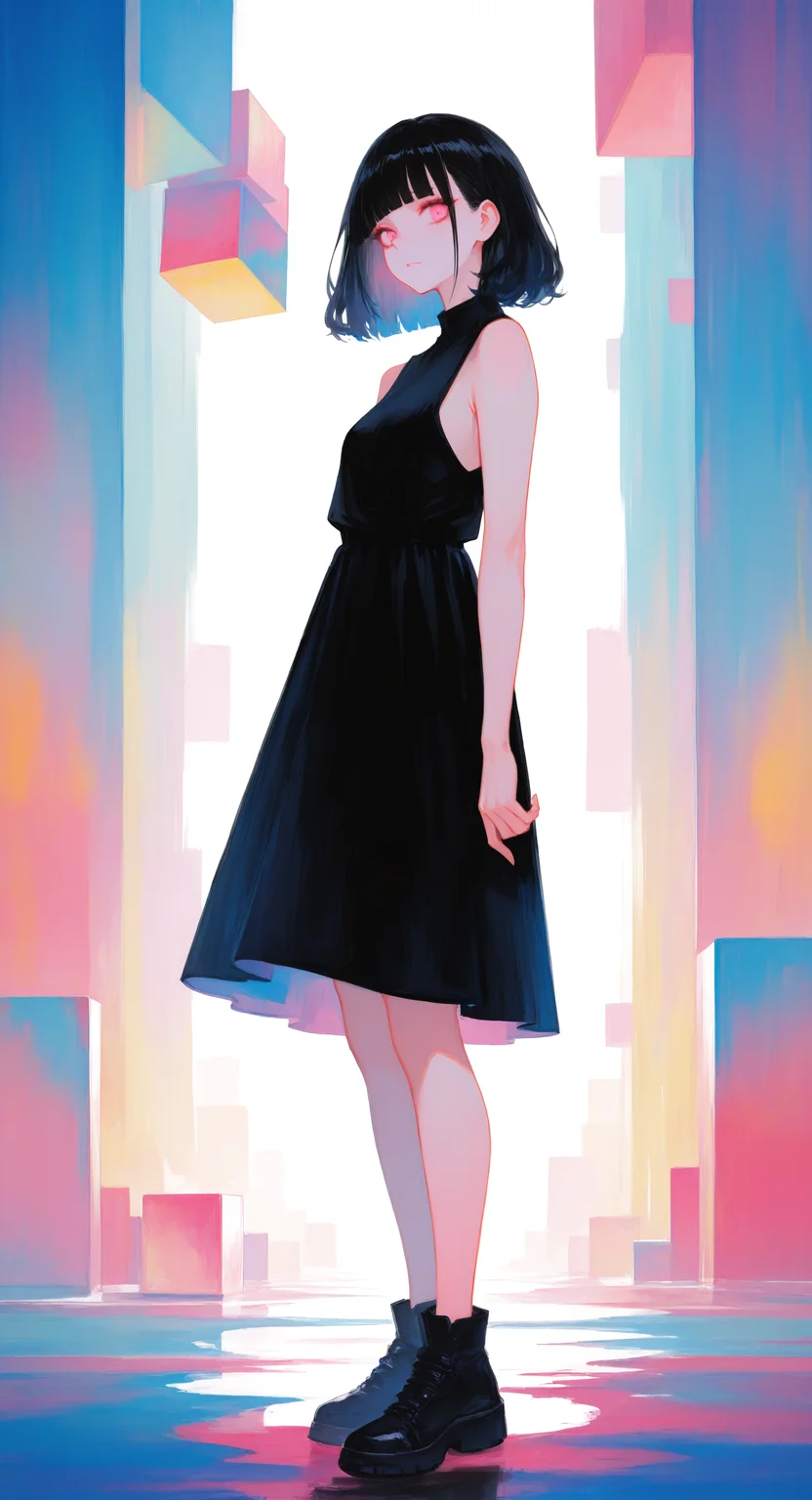 masterpiece, best quality, good quality, very aesthetic, absurdres, newest, 1girl, solo, looking_at_viewer, black_hair, dress, standing, full_body, shoes, sleeveless, medium_hair, blunt_bangs, pink_eyes, black_footwear, sleeveless_dress, traditional_media, painting_\(medium\), watercolor_\(medium\), colorful, cube <lora:ponyv5_noobV065S_1_adamW-000013:0.7> <lora:USNR_STYLE_XL_lokr:0.45> <lora:EtherSDXL:0.15>