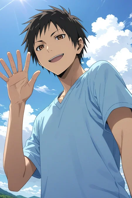 score_9, score_8_up, score_7_up, source_anime, rating_safe, intricate details, , looking at viewer, depth of field, 1boy, solo, male focus, <lora:izaya_orihara_pony:0.82>, izaya_orihara, black hair, brown eyes, from below, lake, day, clouds, waving, happy, t-shirt,, <lora:sdxl_lightning_8step_lora:1>