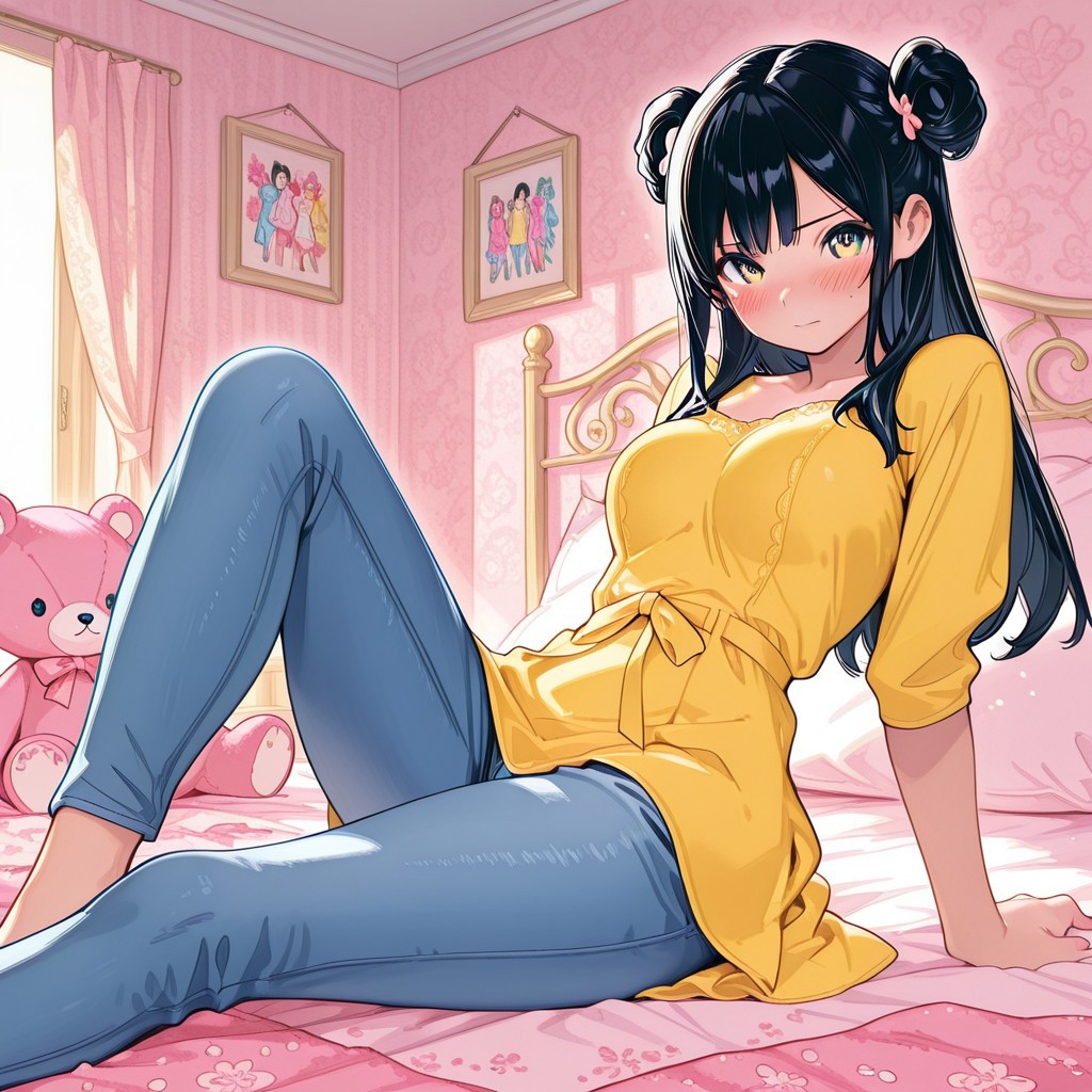 highres, ultra-detailed, illustration, colourful, masterpiece, 8k, soft lighting, (1girl, black hair, double buns, yellow dress, blue denim pants) , sitting, legs apart, bent legs, arm support, on bed, looking at viewer, blush, messy apartment, girly bed, stuffed animal, medium breasts, perfect body, detailed, cute face, beautiful face