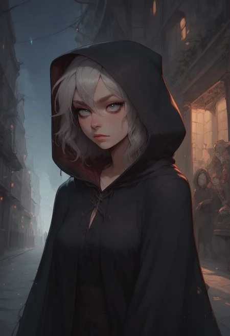 score_9, score_8_up, score_7_up, 1 girl, Ianmae, alluring face, grey eyes, witch, hooded cloak, brown cloak, (hood up:1.8), oversized woolen robe, fantasy, (short hair), silver hair, messy hair, Expressiveh, outdoor, medieval city street, night, dark scene, dimly lit, cinematic lighting, cowboy shot
