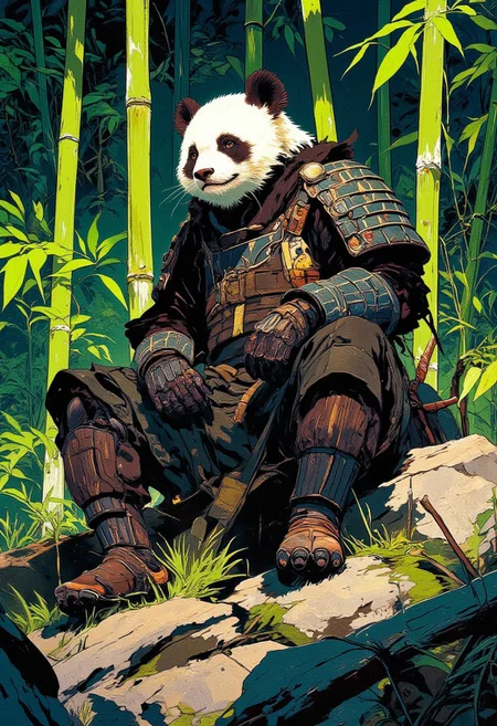 Anthropomorphic panda warrior in a samurai outfit, sitting on a rock in a lush bamboo forest. Highly detailed, cinematic lighting, anime-style shading with strong lines. Fantasy character design with intricate armor and traditional samurai elements. Stylized comic book aesthetic with sharp contrasts and dynamic pose