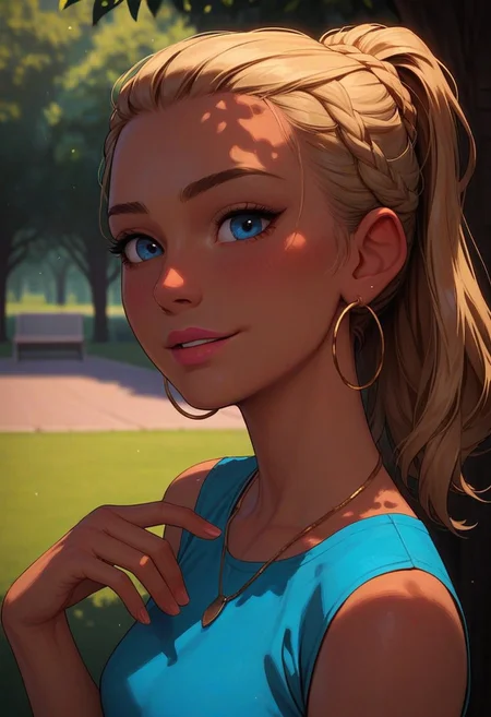 score_9_up, score_8_up, score_7_up, score_6_up, 1girl, 25 years old, perfect face, cute, petite, 
(three quarter view), detailed face, portrait, face focus, depth of field, looking at viewer, blush, shy smile, close up, 
blonde hair, ponytail, ponytail with braided base, 
dark skin, hoop earrings, 
blue eyes, 
pink lips,
blue shirt, necklace, 
black skirt, pleated skirt, 
park, trees,