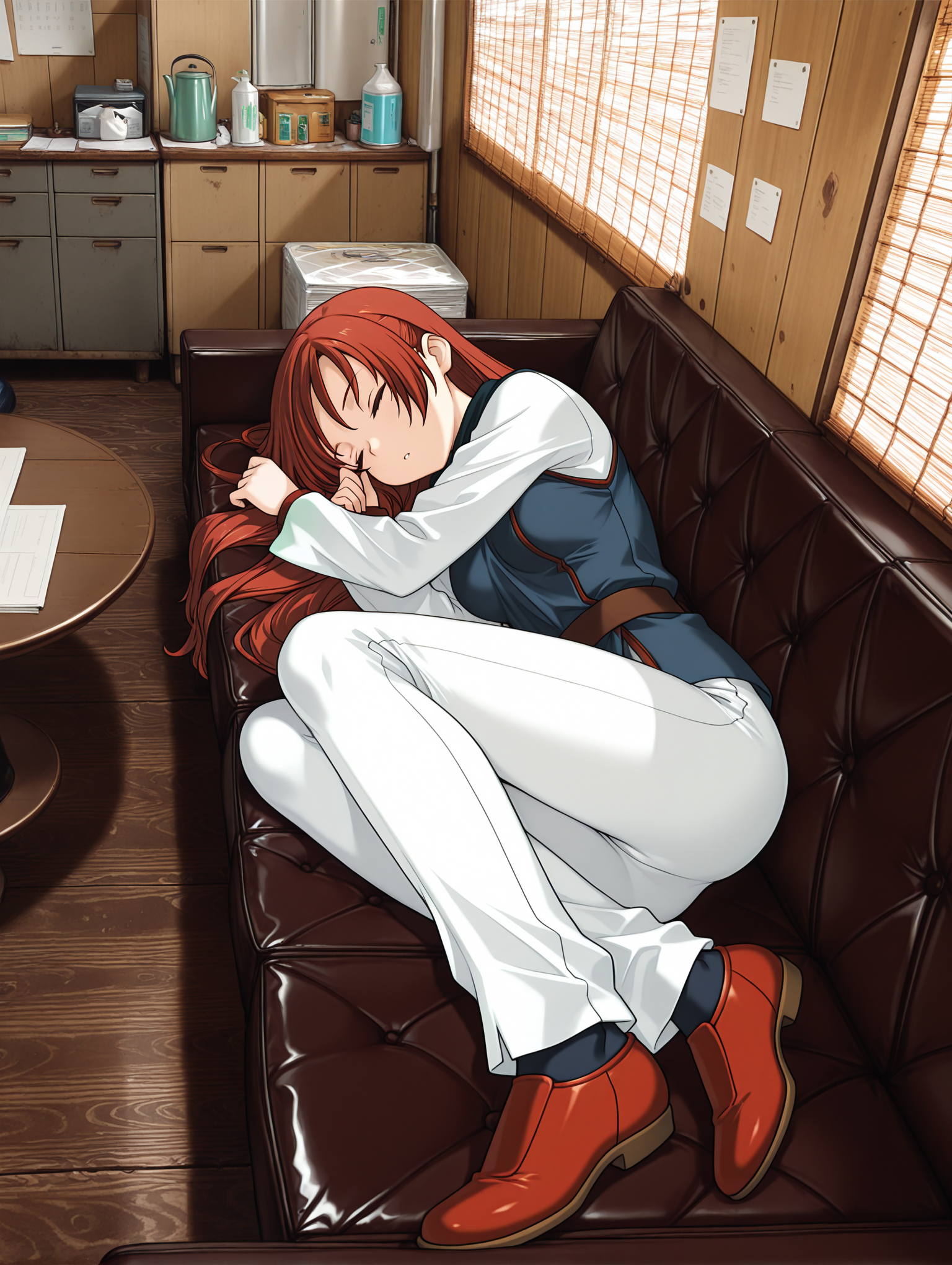 masterpiece,best quality,newest,
1girl,solo,<lora:c_20f_ilxl_v1.1:1>,
c_20f,window,wooden floor,couch,shade,blinds,tile wall,table,foreshortening,fetal_position,lying,shot from above,sleep,<lora:Fixhands_anime_bdsqlsz_V1:1>,<lora:elenoa_ilxl_v3.1:1>,elenoa,red hair,very long hair,e_02clothes,long_sleeves,white sleeves,blue clothes,white pants,red shoes,fantasy,closed eyes,