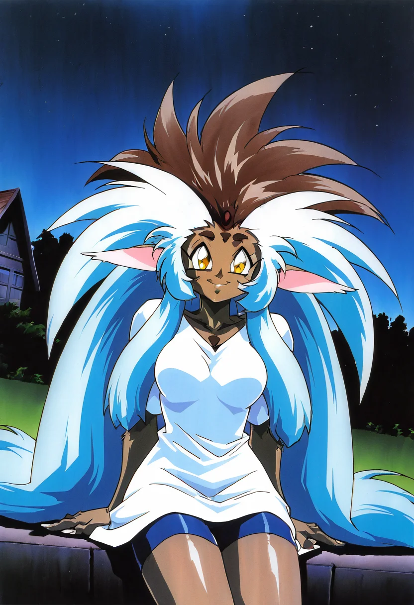 (masterpiece, best quality, good quality, very aesthetic, absurdres, newest:1.2), solo, curvy, beautiful eyes, 1girl, solo, medium breasts, zzRyouOuki, long hair, animal ears, dark skin, multicolored hair, blue hair, brown hair, yellow eyes, dark-skinned female, two-tone hair, spiked hair, very long hair, big hair, furry female, oversized shirt, retro artstyle, gentle smile, looking at viewer, white shirt, outdoors, house, sitting, night, starry sky, cowboy shot, Dutch angle , <lora:RyouOuki_NAI:1.0>,dynamic pose, cowboy shot, smile, looking at viewer, shiny skin, short shorts,
