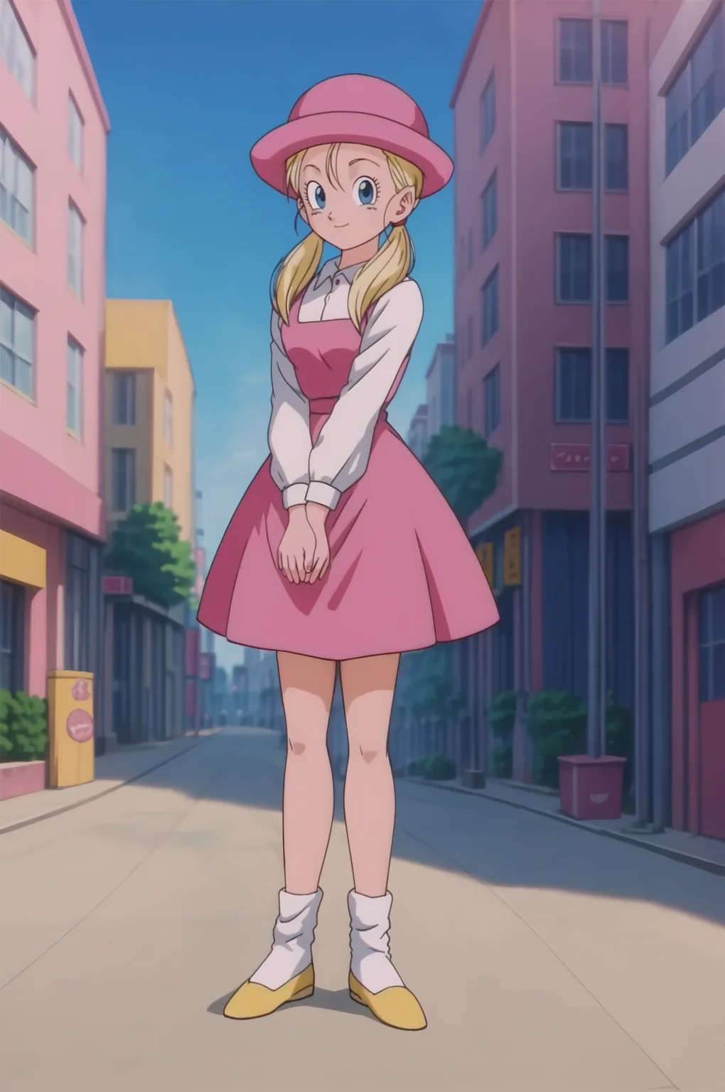 source_anime, score_9, score_8_up, score_7_up, anime screencap, absurdres,
marron, official style, 1girl, solo, smile, blue eyes, blonde hair, street, white legwear, pork pie hat, long sleeves, outdoors, day, blue sky, full body, loose socks, pink dress, pink headwear, collared shirt, own hands together, twintails, covering crotch, yellow footwear, shoes, sleeveless dress, looking at viewer, eyelashes, white shirt,
<lora:marron_pony_v2:0.8>
