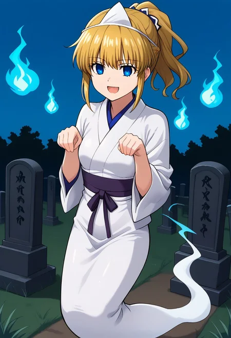 1girl, solo, uujessica, blonde hair, ponytail, blue eyes, shadowed eyes, shaded eyes, serious, open mouth, evil smile, yurei, Japanese clothes, tombstone, white Japanese dress, triangular headpiece, solo, hitodama, ghost, graveyard, outdoors, nolegs, blue fireballs, Yurei
