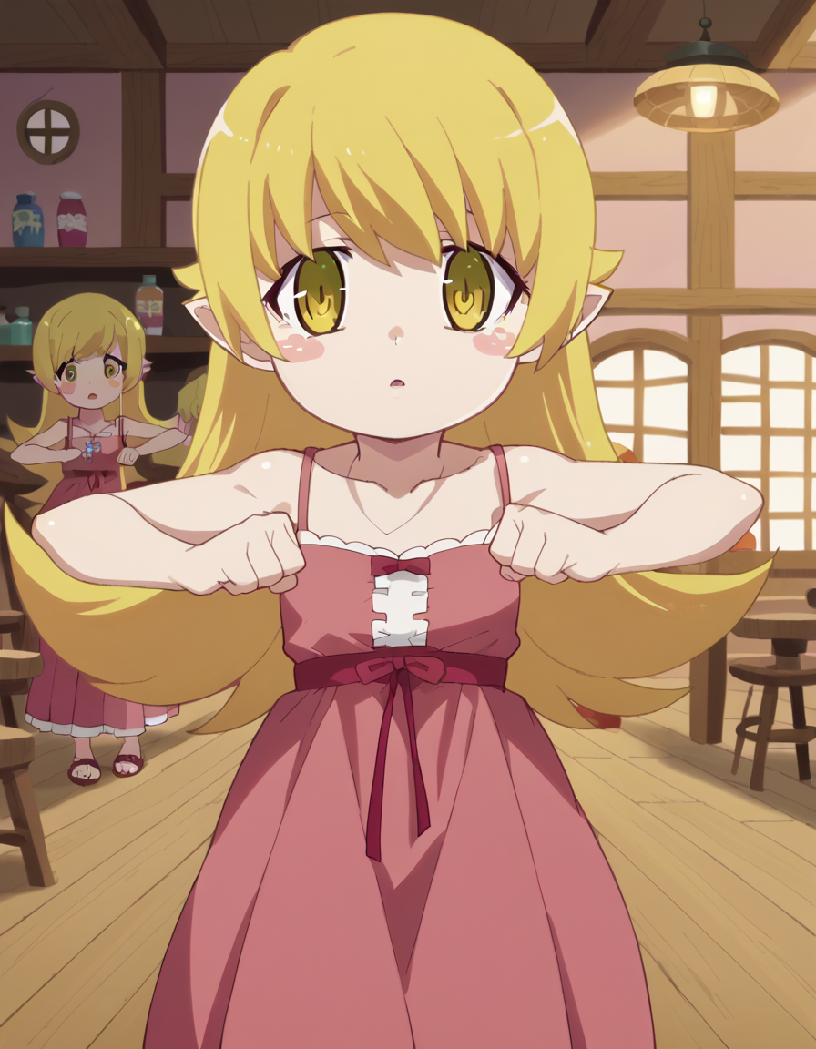 score_9, score_8_up, score_7_up, source_anime, <lora:shinobu-oshino-offmonster-ponyxl-lora-nochekaiser:1>, shinobu oshino, long hair, blonde hair, anime screencap, yellow eyes, dress, bare shoulders, pointy ears, pink dress, spaghetti strap, child, blush stickers,, tavern, drinks, rustic, friends, old, , <lora:mochi-mochi-ponyxl-lora-nochekaiser:1>, mochi mochi dance, clenched hands, hands up,, looking at viewer, solo,, dutch angle, cowboy shot