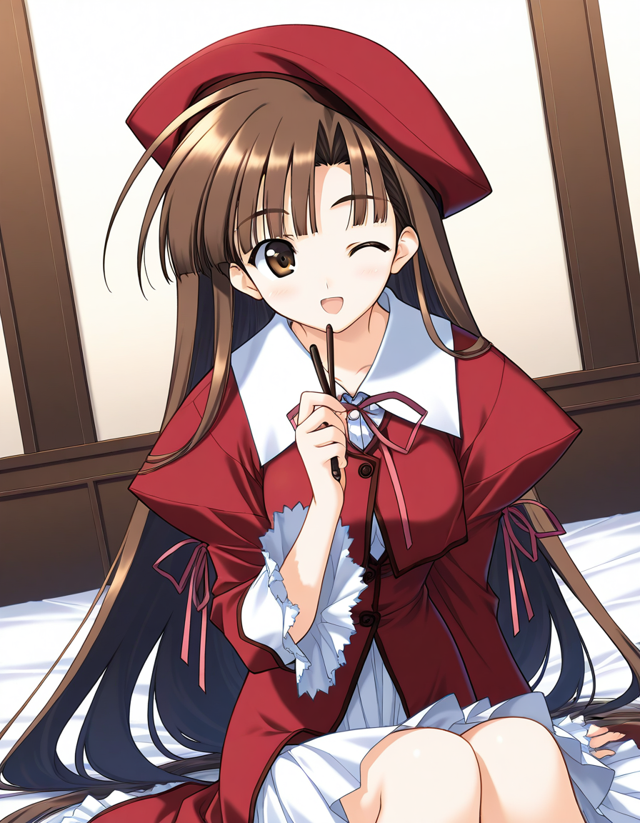 general,highres, ultra-detailed,very aesthetic,best quality ,best hands,  BREAK <lora:Mikage_Subaru_IS:1> Mikage_Subaru, 1girl,solo, brown hair, brown eyes, very long hair, bangs, medium breasts,
 one eye closed, smile, open mouth, ribbon, sitting,  dress, holding, red beret, red dress, frill, white skirt,
long sleeves, looking at viewer, indoors, dutch angle, blue hair,
