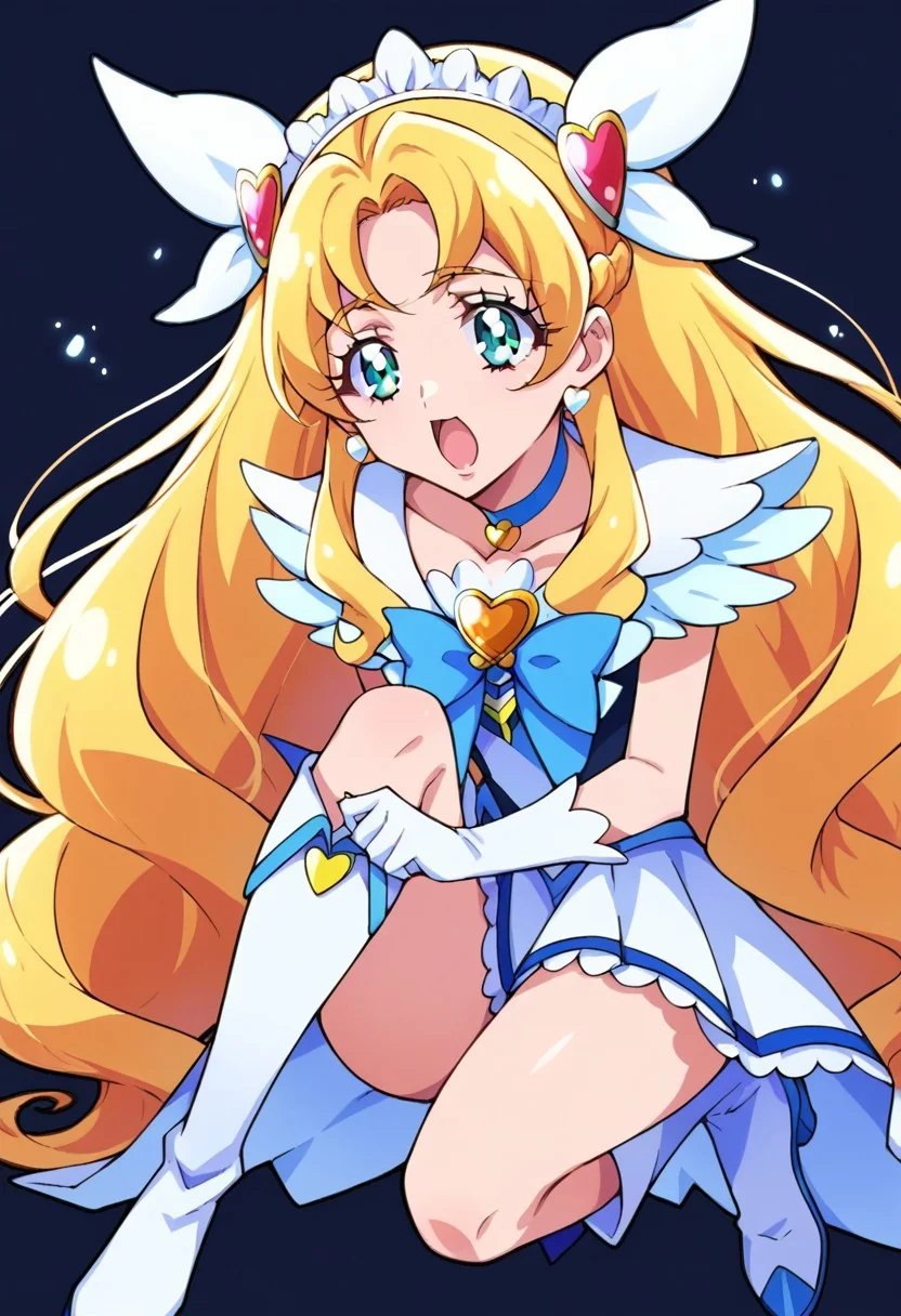 score_9, score_8, score_7, source_anime, pretty cure, hair ornament, very long hair, boots, choker, heart brooch, gloves, open mouth, white footwear, knee boots, ribbon