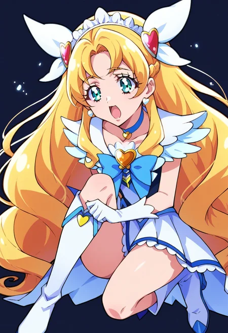 score_9, score_8, score_7, source_anime, pretty cure, hair ornament, very long hair, boots, choker, heart brooch, gloves, open mouth, white footwear, knee boots, ribbon