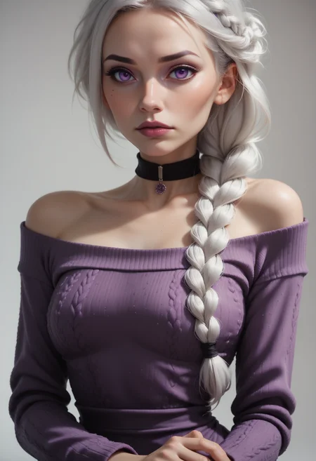 score_9, score_8_up, score_7_up, 1girl, solo, sexy sweater dress, purple dress, long sleeves, bare shoulders, black choker, <lora:Dark_Violet_Pony_v0.1:0.5> d4rkv10l3t, white hair, single braid, purple eyes,