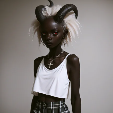 score_9_up, score_8_up, score_7_up,
1girl, solo, <lora:bdemonpony011:1>, colored skin, pale skin, black skin, black hands, black feet, red eyes, monster girl, skinny, anorexic, slim, horns, white hair,
chain necklace, cross necklace, bracelets, white shirt and plaid skirt,
indoors, dark black room, music decorations, 80's punk style, solo, <lora:Skin Color_alpha1.0_rank4_noxattn_250steps:2.0>