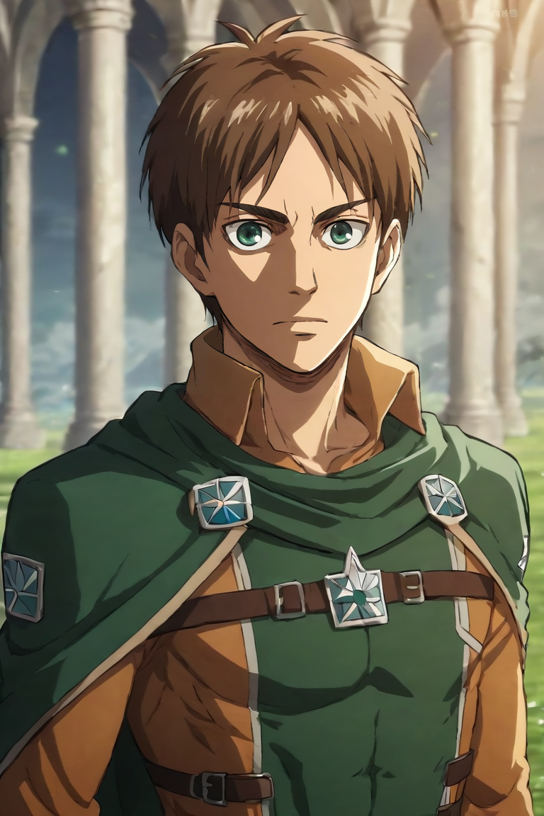 score_9, score_8_up, score_7_up, score_6_up, score_5_up, score_4_up, BREAK source_anime, (best quality:1.1), (masterpiece:1.4), looking at viewer, upper body, , 1boy, solo, male focus, <lora:Eren_Yeager_PonyXL:0.8>, eren_yeager, brown hair, green eyes, captain costume, fairytale, , <lora:sdxl_lightning_8step_lora:1>