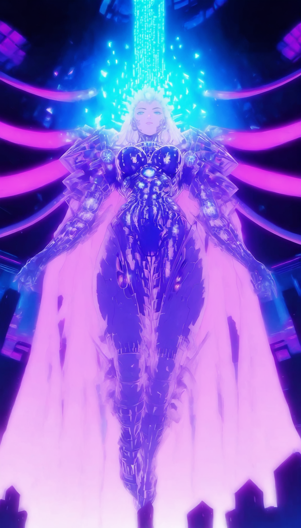 1girl, floating, science fiction, solo, breasts, cape, bodysuit, cyberpunk, glowing, armor, full body