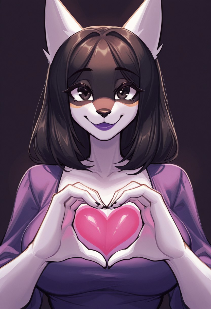xeono,    furry, anthro, 1girl, solo, medium build, medium hair, sfw, safe for work, covered skin, flowy dress,  black eyes, purple lipgloss, smiling, portrait, upper body, heart hands, mature female, foreshortening, detailed, newest,