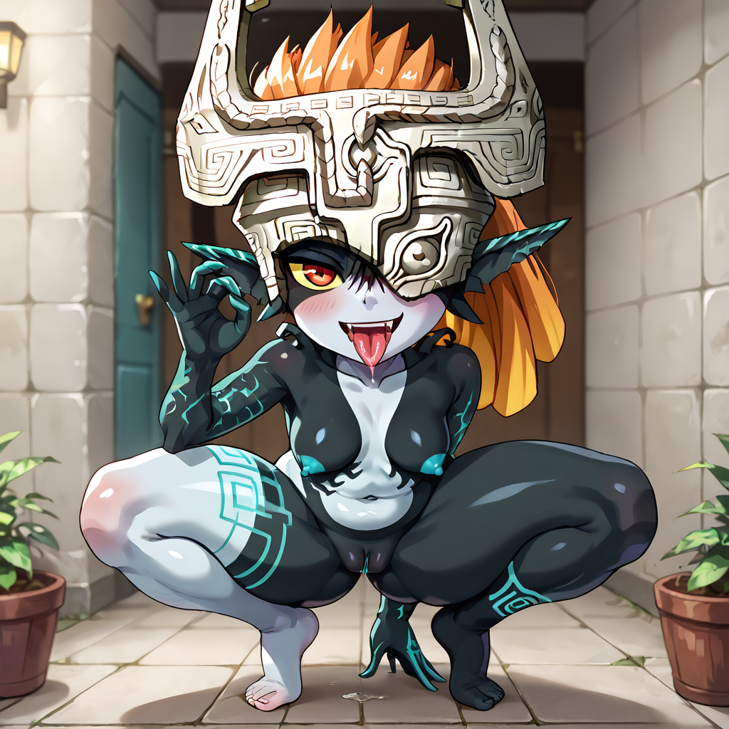 midna, looking at viewer, seductive, standing, squatting, fellatio gesture, smiling, mouth open, tongue out, saliva, erect nipples,
