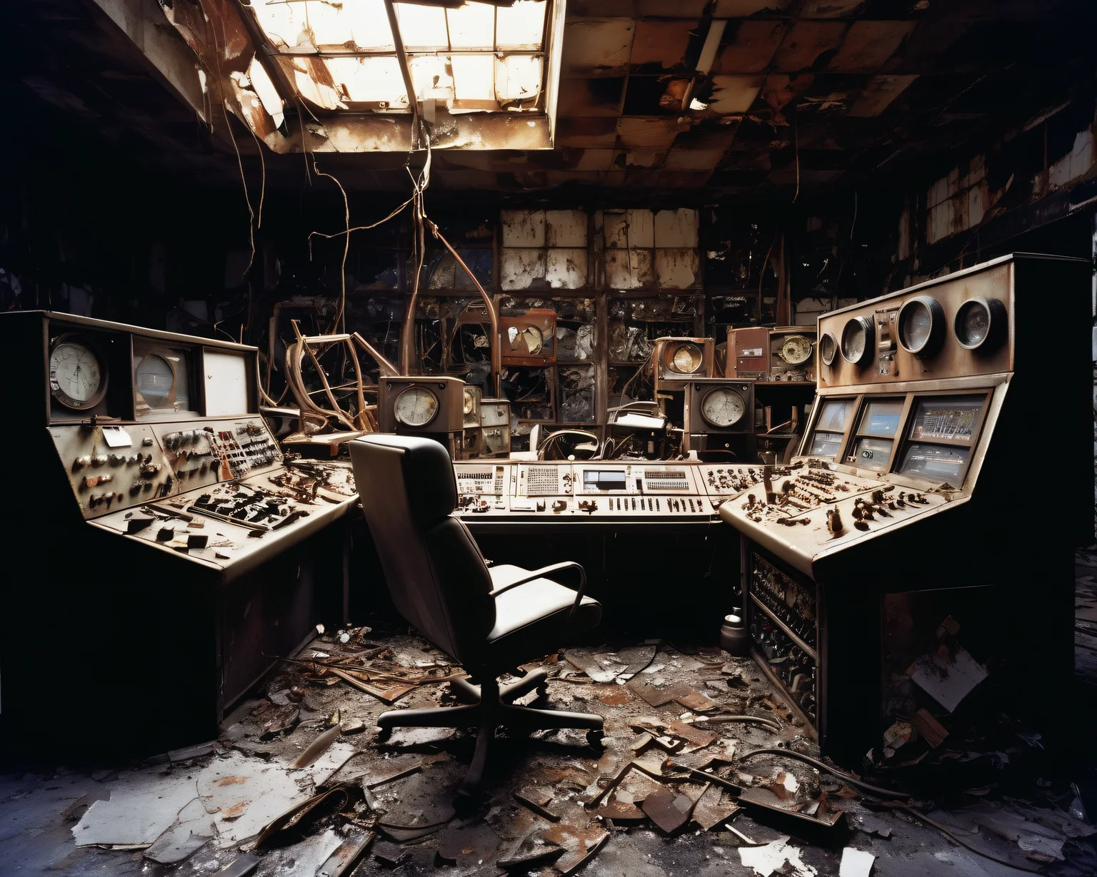 in a post-apocalyptic factory, rusting machinery, broken windows, discarded materials, smashed control room., by David LaChapelle, <lora:PostApocalypticXL_v1:0.8> SZ_4po enviroment