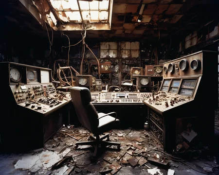 in a post-apocalyptic factory, rusting machinery, broken windows, discarded materials, smashed control room., by David LaChapelle, <lora:PostApocalypticXL_v1:0.8> SZ_4po enviroment
