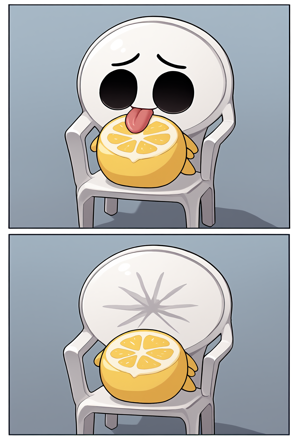 score_9, source_anime, score_8_up, score_7_up, plastic chair, tentacle, chibi:.3, licking:multiple views:.6, no humans, faceless, no eyes, holding lemon, transparent skin
BREAK
disembodied hand, transparent, mouth, face, mouth, no tongue, face:1.05, fake googly eyes
BREAK
no humans, 2koma, <lora:meme_thour_ponyXL:1.4> thourlemon, 2koma, huge tongue:multiple views:.5,  <lora:PlasticChair_XLPD:1> plastic chair, still life, multiple views:2koma:.5, face, huge lemon