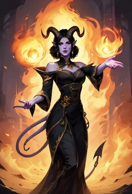 score_9, score_8_up, score_7_up, score_6_up, score_5_up, score_4_up, grimdark, w4rh4mm3r style oil painting, waist-up, eye contact, looking at viewer, source_anime, traditional art, lineart, rating_safe, zPDXL, clear red eyes,(4k quality, masterpiece):1.4),( best quality:1.1), (magic, outstretched arm, aura, fire), dark fantasy, mature goth tiefling woman focus on upper body, black dress, black hair, purple skin, horns, seductive look, seductive, ExpressiveH,