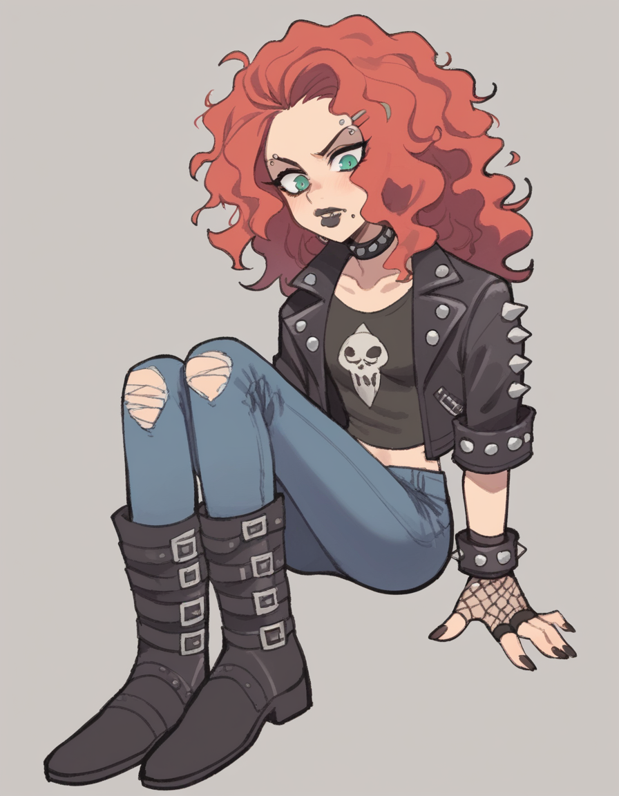 zPDXL, score_9, score_8_up, score_7_up, source_anime, flat color, sketch,
1girl, solo, :o, (shushing), Merida \(Brave\), red hair, messy hair, punk wearing a faux fur leopard print jacket over a black mesh bodysuit,acid-washed skinny jeans,knee-high leather boots, jet-black hair, cone hair bun, lip piercing,eyebrow piercing, dark lipstick,mesh gloves,studded choker,leather studded cuff bracelet,
 <lora:TemmieChang_ver2:1> tmchng, .