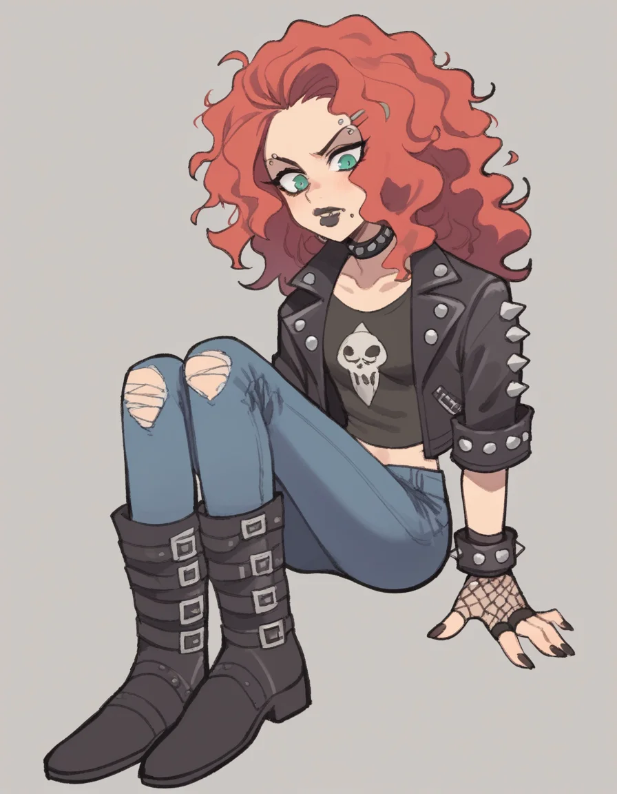 zPDXL, score_9, score_8_up, score_7_up, source_anime, flat color, sketch,
1girl, solo, :o, (shushing), Merida \(Brave\), red hair, messy hair, punk wearing a faux fur leopard print jacket over a black mesh bodysuit,acid-washed skinny jeans,knee-high leather boots, jet-black hair, cone hair bun, lip piercing,eyebrow piercing, dark lipstick,mesh gloves,studded choker,leather studded cuff bracelet,
<lora:TemmieChang_ver2:1> tmchng, .