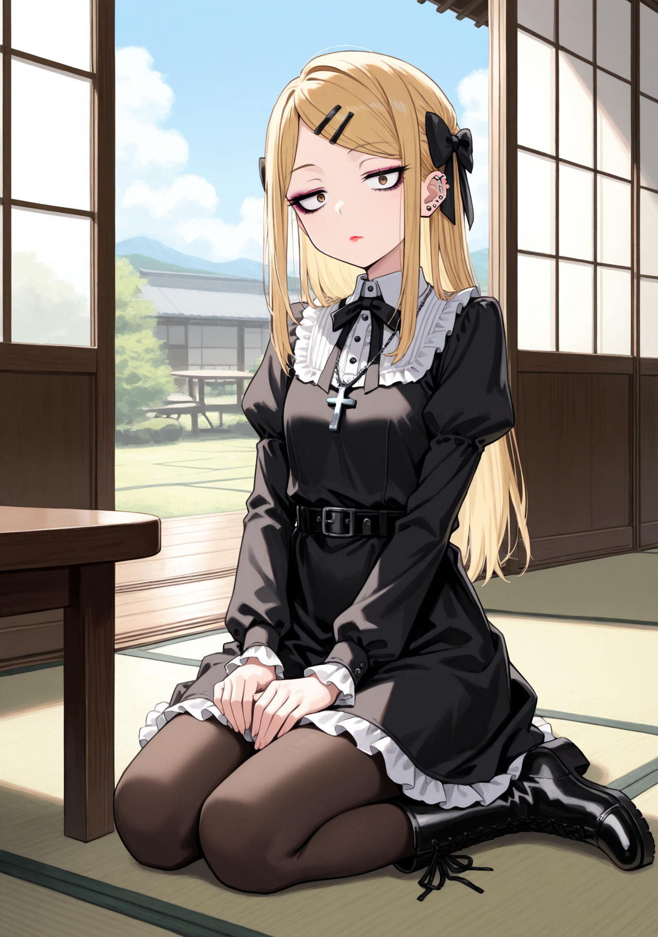 masterpiece, best quality, 1girl, solo, sayaendo, blonde hair, long hair, hairclip, ear piercing, gothic, goth fashion, black dress, frills, lipstick, eyeshadow, makeup, puffy sleeves, hair bow, jewelry, cross necklace, indoors, seiza, sitting, full body, brown eyes, sanpaku, long sleeves, pantyhose, boots, black footwear, tatami, table, sliding doors, open door, day, sky, (porch:0.9), looking at viewer, hands on lap, bored, jitome, closed mouth