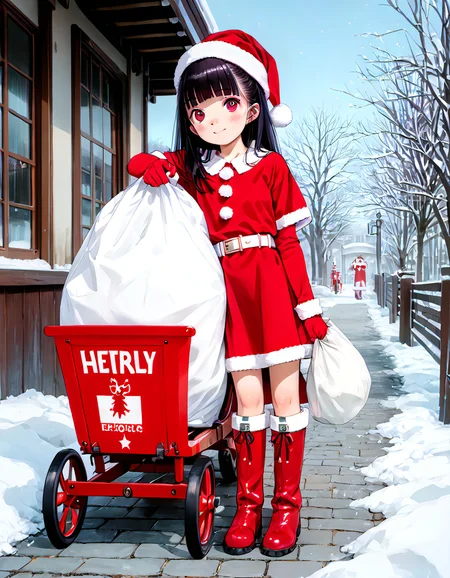 (score_9, score_8_up, score_7_up, highest score, best quality:1.2), zPDXL3, NEGATIVE_HANDS, hi-res. 8k, source_anime BREAK 1girl, flat chest, tiny tits, rory, red eyes, blunt bangs blush, happy BREAK santa_dress. strapless dress, elbow gloves, handless gloves, white belt, santa hat, fur trim santa boots, thighhigh boots BREAK sky, stars, santa sleigh, white sack, sack on ground (outdoors:1.3), sharp colors, perfect hands, perfect eyes, (detailed realistic background:1.3), (high quality:1.1), (ultra detailed:1.4), <lora:pony_good_hands:0.7>, <lora:add-detail-xl:1>, <lora:xl_more_art-full_v1:0.5>, embedding:civit_nsfw