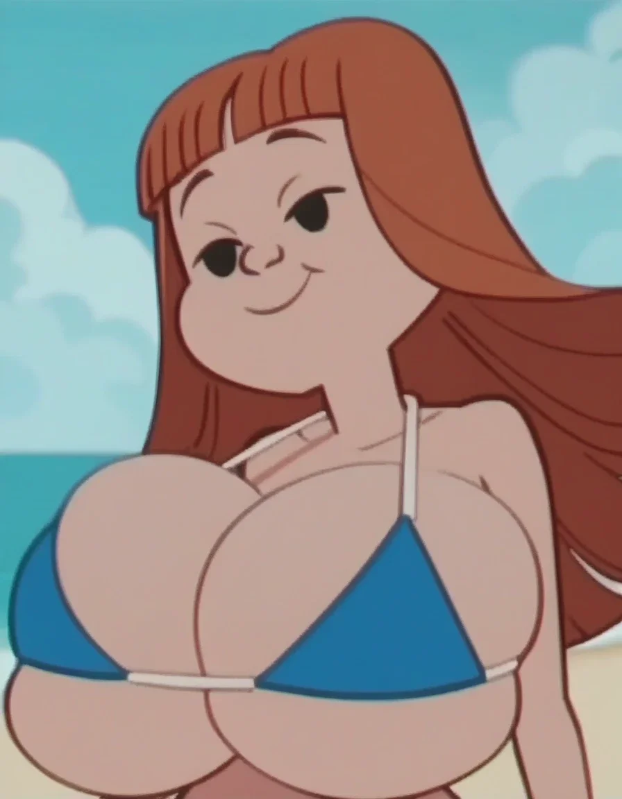 TatiTDM, 1girl, solo, orangeish-brown hair, upper body, blunt bangs, black eyes, huge breast. Bikini, screencap,