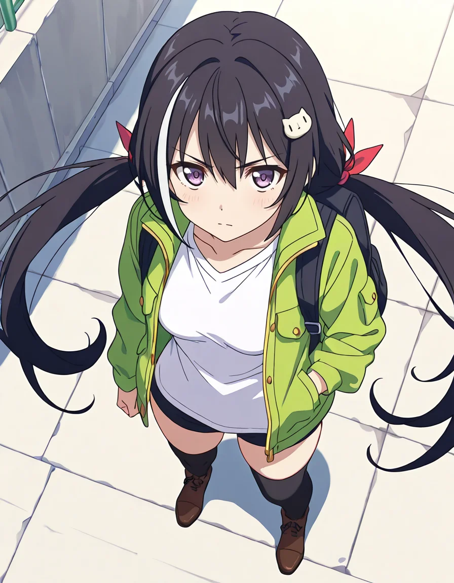 (momochi kiruya,streaked hair,multicolored hair,black hair,white hair,very long hair,low twintails,red ribbon,bangs,cat hair ornament,purple eyes,green open jacket,white shirt,black thighhighs,brown footwear,backpack,,hand in pocket,1girl,serious),city,day,(from above,from below:2) ,
looking at viewer,
medium breasts,
perky breasts,realistic proportions,natural looking breasts,explicit,hair between eyes,strong outlines,clean lineart,harsh lines,slim,curvy,(narrow waist:0.1), wide hips,thick thighs,detailed body,skindentation,matte skin,smooth skin,deep skin,soft brightness,detailed mouth,kawaii,moe face,
(anime screencap),(anime coloring:1.2),anime style, Japanese anime, cel-shading, clean lineart, vibrant colors, sharp facial features, 2D illustration, anime screencap style,anime background scenery,detailed linework,intricate details,(masterpiece,best quality,amazing quality),IllusP0s,(very aesthetic,absurdres:1.2),16k,highres,perfect hands,five fingers,detailed hands,
<lora:ããªã³ã»ã¹ã³ãã¯ãReDiveãã£ã«illustriousPrincess_Connect_ReDivekarylillustrious:1:0.8>