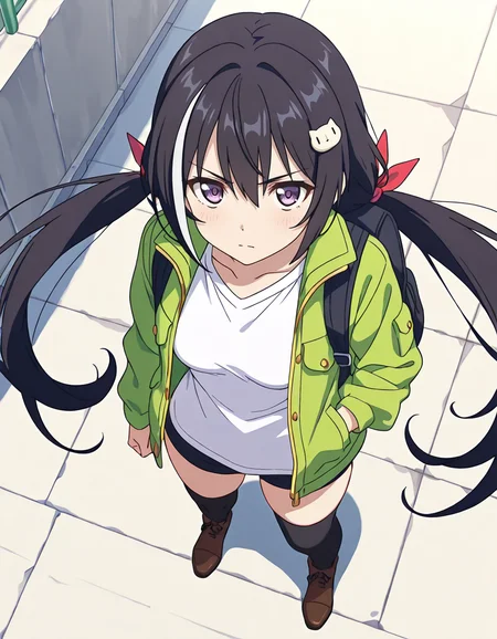(momochi kiruya,streaked hair,multicolored hair,black hair,white hair,very long hair,low twintails,red ribbon,bangs,cat hair ornament,purple eyes,green open jacket,white shirt,black thighhighs,brown footwear,backpack,,hand in pocket,1girl,serious),city,day,(from above,from below:2) ,
looking at viewer,
medium breasts,
perky breasts,realistic proportions,natural looking breasts,explicit,hair between eyes,strong outlines,clean lineart,harsh lines,slim,curvy,(narrow waist:0.1), wide hips,thick thighs,detailed body,skindentation,matte skin,smooth skin,deep skin,soft brightness,detailed mouth,kawaii,moe face,
(anime screencap),(anime coloring:1.2),anime style, Japanese anime, cel-shading, clean lineart, vibrant colors, sharp facial features, 2D illustration, anime screencap style,anime background scenery,detailed linework,intricate details,(masterpiece,best quality,amazing quality),IllusP0s,(very aesthetic,absurdres:1.2),16k,highres,perfect hands,five fingers,detailed hands,
<lora:ããªã³ã»ã¹ã³ãã¯ãReDiveãã£ã«illustriousPrincess_Connect_ReDivekarylillustrious:1:0.8>