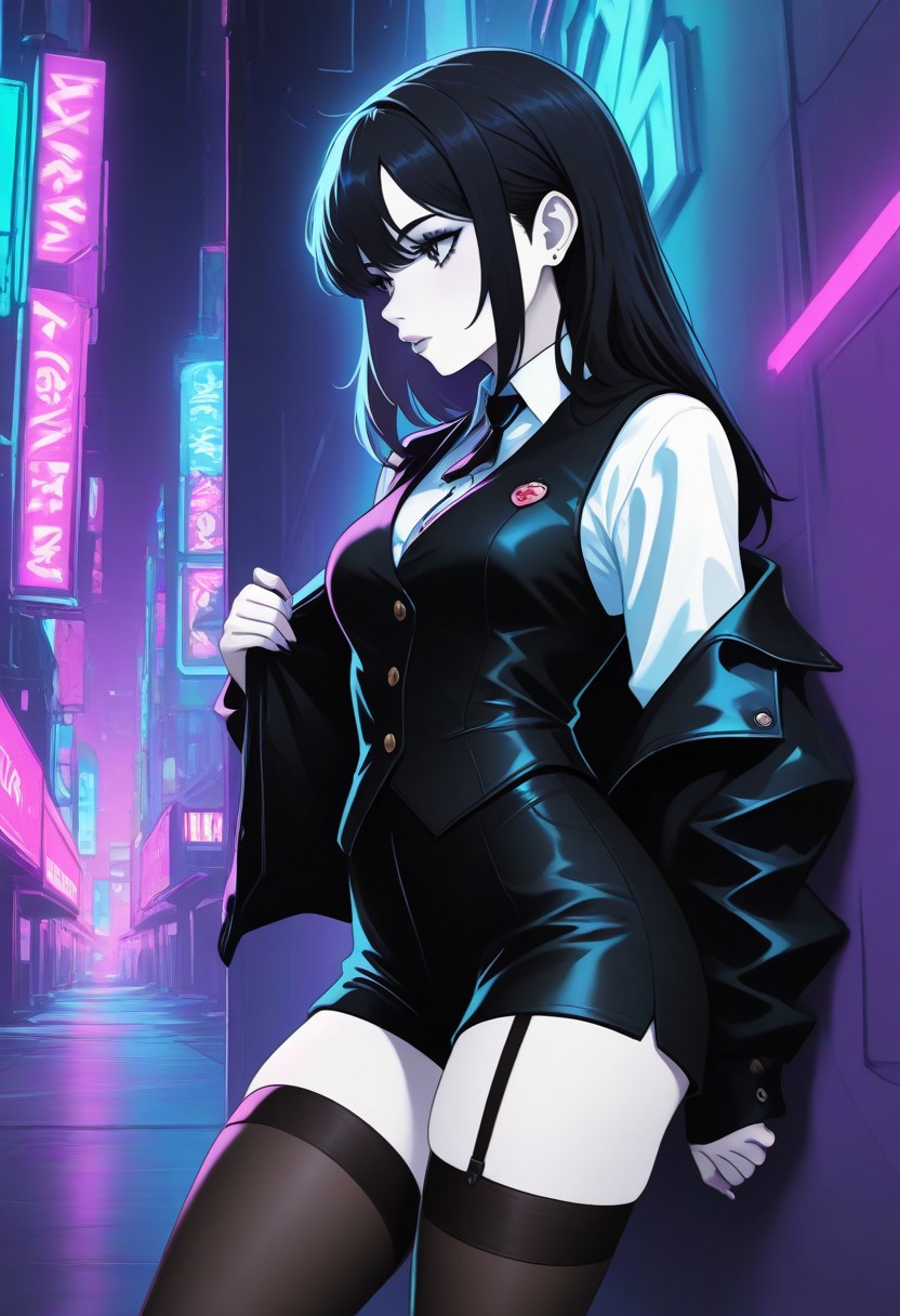 1girl, black hair, white shirt with buttons, jacket, vest, stockings, leaning against wall, CatGirlNeonStyle, pale skin, neon background, night, noir