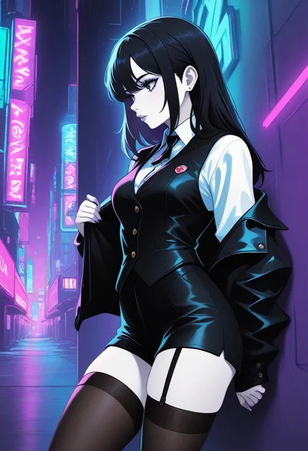 1girl, black hair, white shirt with buttons, jacket, vest, stockings, leaning against wall, CatGirlNeonStyle, pale skin, neon background, night, noir