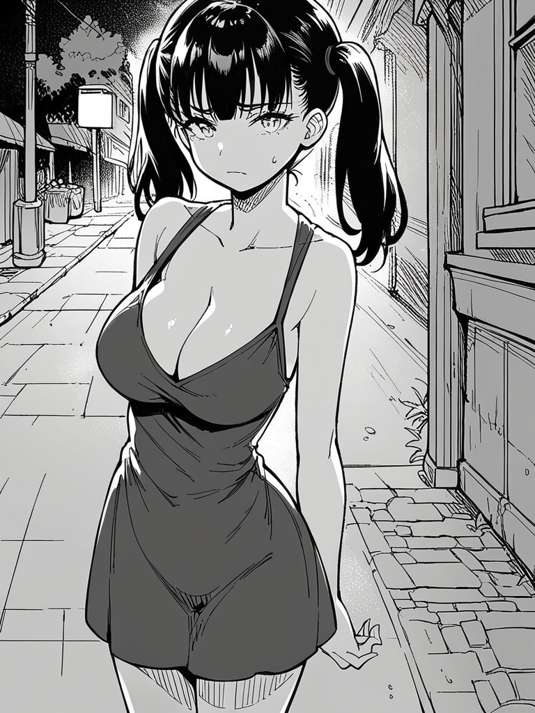 score_9, score_8_up, score_7_up, 
1girl, monochrome, black hair, twintails, standing, outdoors, street, night, large breasts, cleavage, black dress, sundress, sleeveless,  frown, looking at viewer,