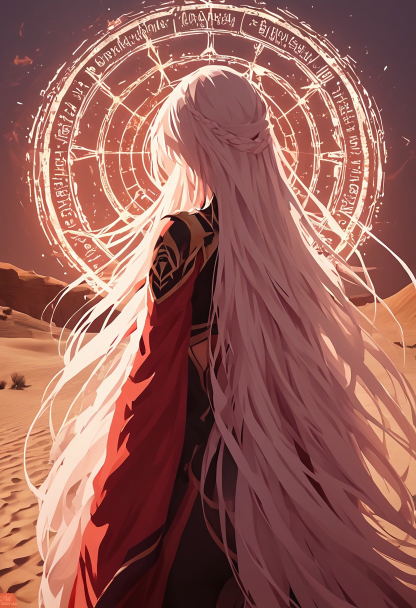 score_9, score_8_up, score_8, female, cel-shading, backlit, delicate features, very long hair, upper body, electrical arcs, backlit, light shining through hair, desert, very thick thighs, bottom heavy, big ass, wide hips, medium breasts, sandstone arches, sand magic, lineless, flar color, vector art, magic, magic swirl, magic circle, full body,