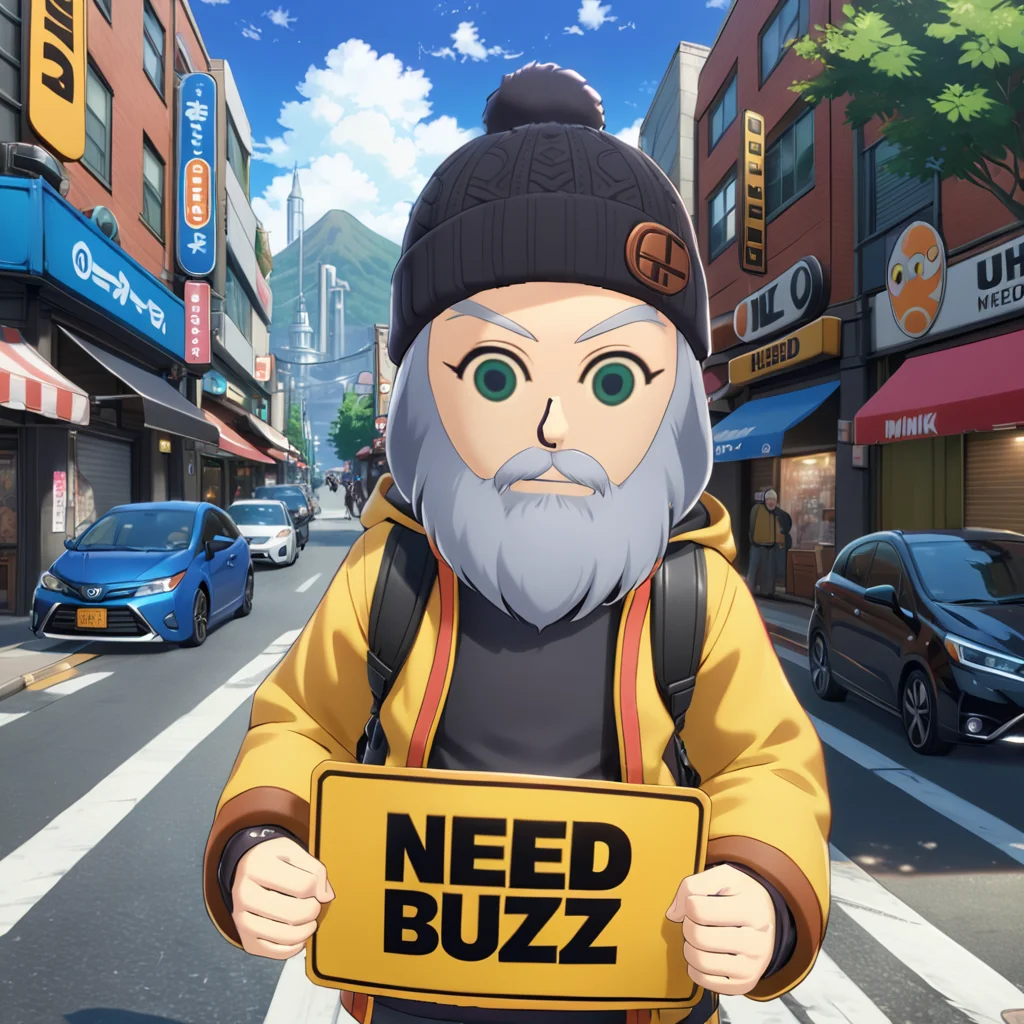<lora:texta:0.9> <lora:SSBMii:0.9> SSBMii holding a sign that says "Need buzz", old man with grey beard, beanie, on street, green eyes, 1boy, (anime, masterpiece, intricate:1.3), (best quality, hires textures, high detail:1.2), (4k),(incredibly detailed:1.4),UHD, 8K, ultra detailed