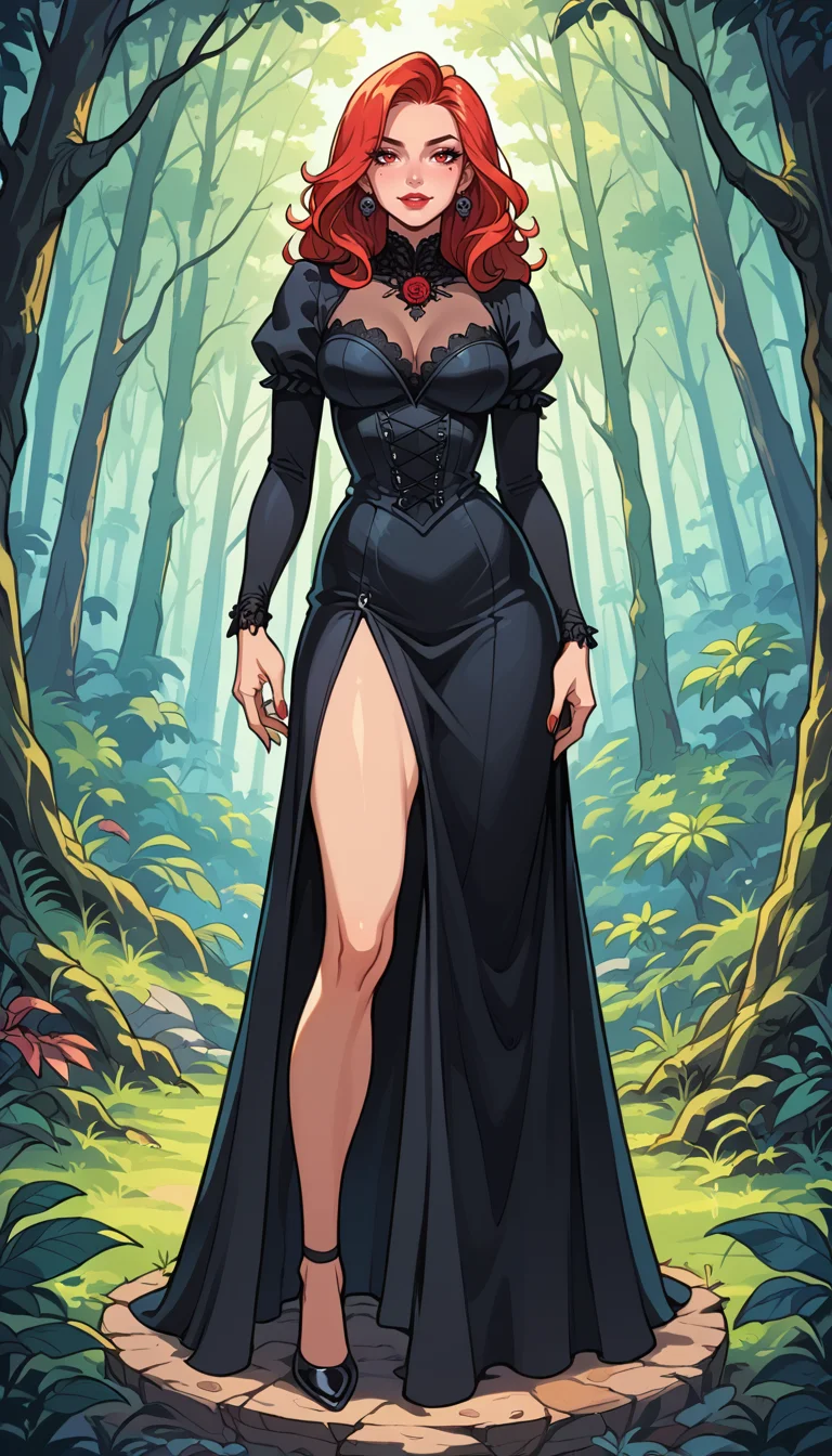 score_9, score_8_up, score_7_up, Western Comics, Full Body Shot, girl, cute, seductive, innocent, light smile:0.3, plump lips, slender body, high detailed gothic dress, red|white|black, vibrant color, mistery forest background, depth of field, dynamic angle, fashion photography, sharp, hyperdetailed:1.15