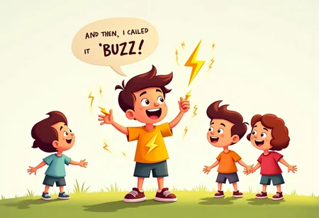 a small child in a playful cartoon style, standing in front of a group of excited friends. The child, with wide, enthusiastic eyes and an expressive face, is animatedly telling a story about his newest creation, "Buzz." He’s dressed in a simple outfit: a bright t-shirt with a lightning bolt logo on it, shorts, and sneakers. His arms are raised high as he holds his invention — a small, stylized lightning bolt with glowing edges, sparking faint electricity around it. The child’s mouth is open in mid-sentence, and above him, a speech bubble reads, “And then, I called it 'Buzz!'” with the word "Buzz" clearly emphasized in quotation marks.
The invention looks like a handheld device shaped like a miniature lightning bolt, with smooth, curved lines and faint electric currents running along its surface. His friends, all drawn with expressions of awe and wonder, are gathered around him, leaning in to hear the story. The background is a bright, simple scene, with green grass beneath them and a few cartoon clouds in a blue sky. The overall color palette is vivid, with exaggerated expressions and dynamic poses to give the scene a sense of excitement and energy.