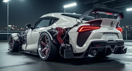 a Tokyo drift-style Toyota Supra, arctic white paint with matte finish, featuring bold crimson mechanical tubing routing along the sides and exposed structural supports under the wheel wells, the hood is removed to show off chrome turbocharger parts, welded steel bracing, and sharp-edged manifolds, body kit panels are reinforced with visible boltwork and carbon-plated extensions, rear wing has mechanical stabilizers with actuator detail, background is a nighttime rooftop garage with moody overhead spotlights and city skyline in the distance, cold-toned atmosphere with sharp highlights and shadows, photoreal render
mg-mk.1