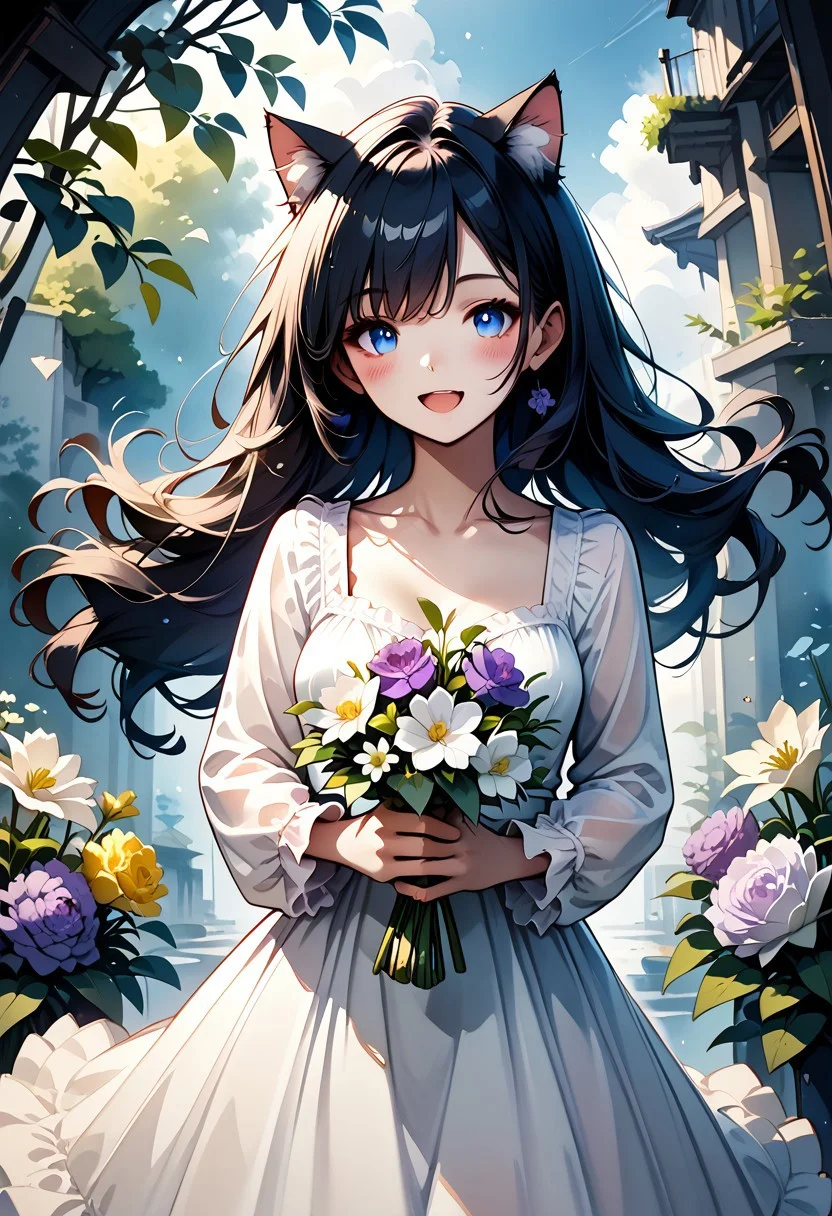 score_9,score_8_up,score_7_up,WATERCOLOR,1girl,solo,long hair,breasts,looking at viewer,blush,smile,open mouth,blue eyes,black hair,long sleeves,dress,holding,animal ears,standing,collarbone,flower,:d,cowboy shot,frills,cat ears,white dress,animal ear fluff,floating hair,frilled dress,white flower,frilled sleeves,extra ears,purple flower,bouquet,holding flower,holding bouquet,