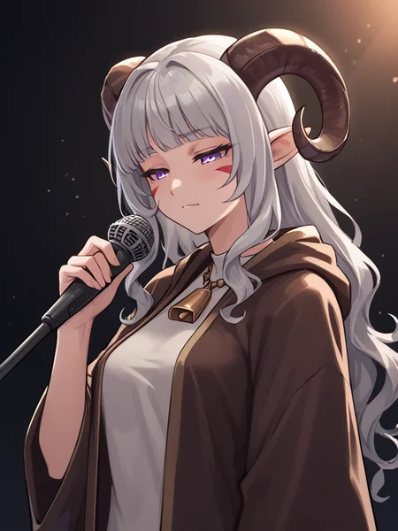 microphone, microphone stand, holding microphone stand, <lora:microphone_stand:1>, source_furry, score_7_up, rating_safe, cowboy shot, gold necklace, tiefing, short pointed ears, brown horns, (a pair of brown sheep Horns that begin at her temples and curve back: 1.5), bangs, long silver hair long wavy hair, pale skin, <lora:whisker_markings:0.8>red whisker_markings ,short pointy ears, purple eyes, <lora:age_slider_v4:0.6> medium breasts, skinny female, close up, silver hair, <lora:Tieflingnew weird fantasyDND:0.3> Tiefling, pointed ears, horns, half-closed eyes<lora:Smooth Style 2 SDXL_LoRA_Pony Diffusion V6 XL:0.5> bell, robe, hood off,