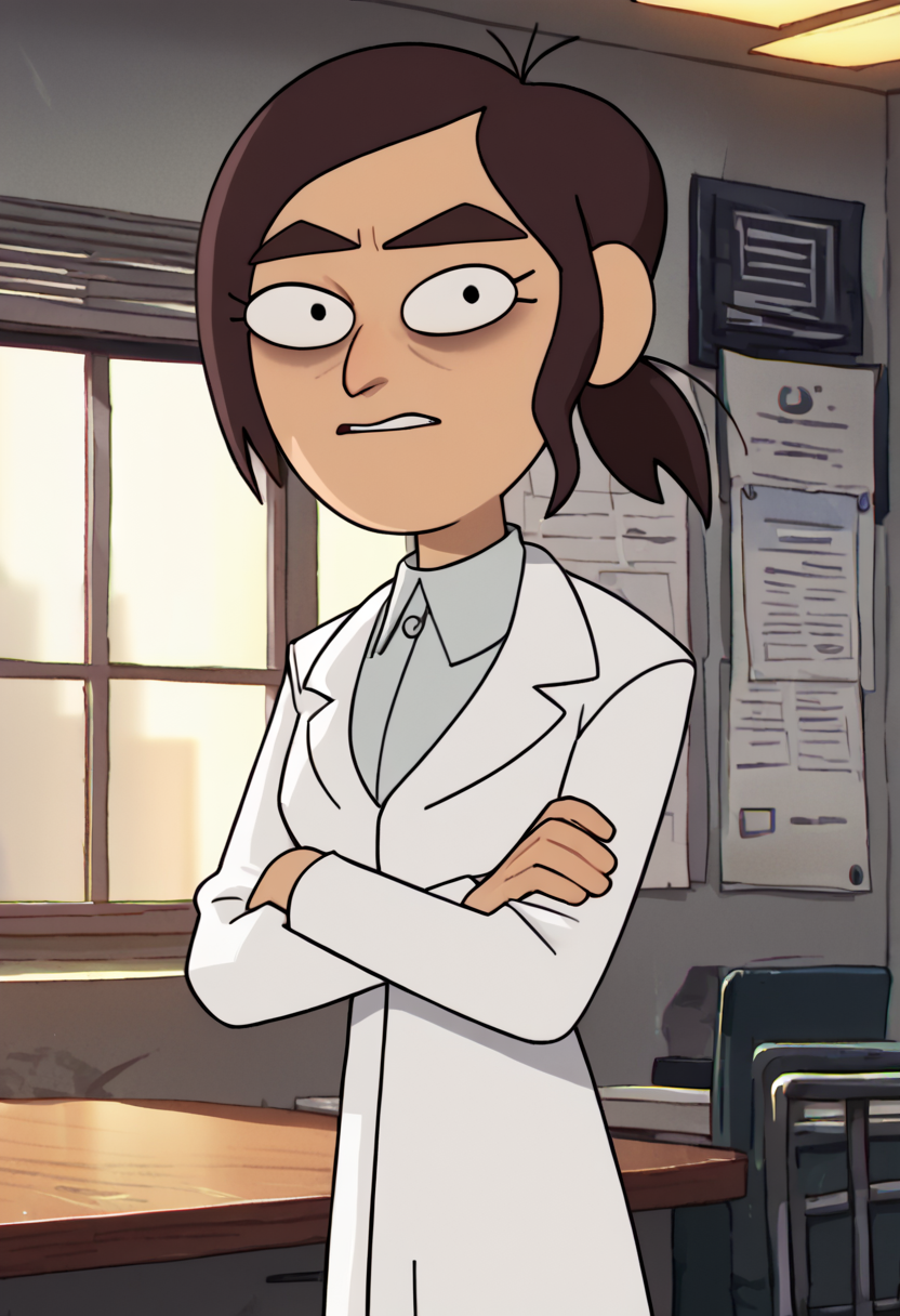 <lora:ReaganInsideJobPony1.0:1>  reaganij, 1girl, short ponytail, solo, brown hair, labcoat, grey shirt, indoors, thick eyebrows, looking at viewer,, score_9, score_8_up, score_7_up, score_6_up, score_5_up, score_4_up crossed arms,