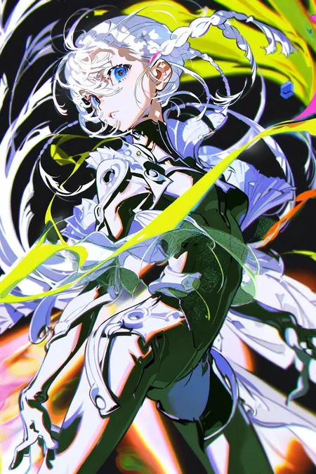 Yoneyama Mai,1girl, solo, looking at viewer, blue eyes, white hair, braid, bodysuit, long hair, cowboy shot