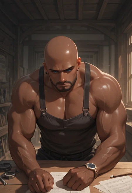 masterpiece, best quality, amazing quality, absurdres, newest, detailed background, definition so sharp, Ultra-HD, 8K cinematic, very awa, impressionate, amazing quality, highres,
1boy, mbti_estj, muscular man, mature man, bald, dark skin, facial hair, blue eyes, watch, solo, artisan workshop, warm light, wooden textures, tools, focused, concentrated, calm demeanor, natural materials, hands at work, craftsmanship, details, soft shadows, inviting atmosphere, high quality, aesthetic