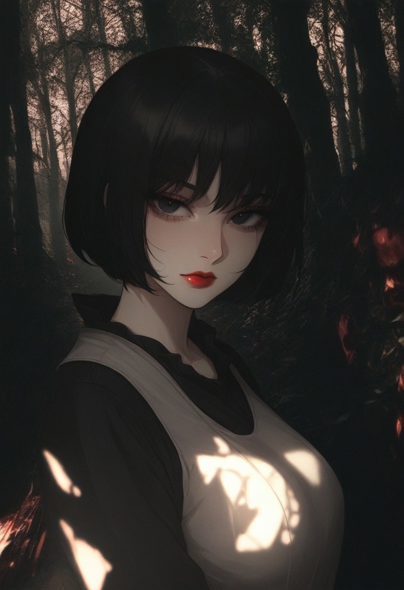 masterpiece,best quality,amazing quality, PHTBG, photo background, 1girl, solo, black hair, looking at viewer, short hair, bangs, closed mouth, dress, black eyes, dutch angle, red lips, fair skin, big breasts, dark forest, dappled moonlight, upper body, blood, lowered head